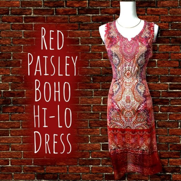 Red Paisley Boho Hi-Lo Sleeveless Dress - Picture 1 of 9